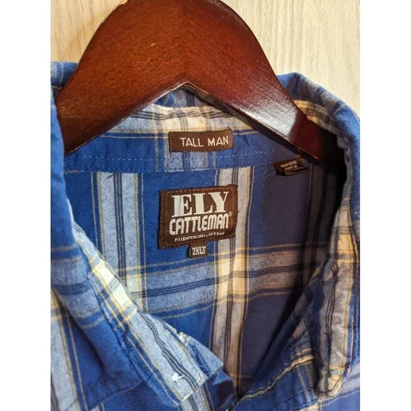 Ely Cattleman Blue White Plaid Pearl Snap shirt Tall Man 2XLT Long Sleeve - Picture 3 of 6